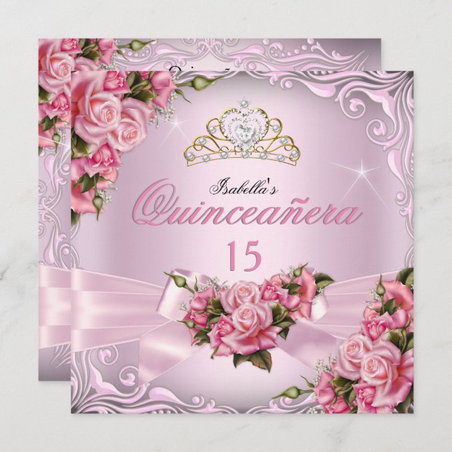 Quinceanera 15:e Söt Rosa ros Tiara Birthday Inbjudningar (Fram/baksida)