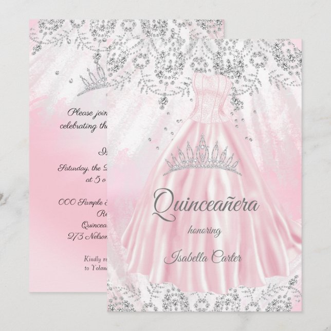 Quinceanera 15:e Söt Rosa Silver Dress glitter Inbjudningar (Fram/baksida)