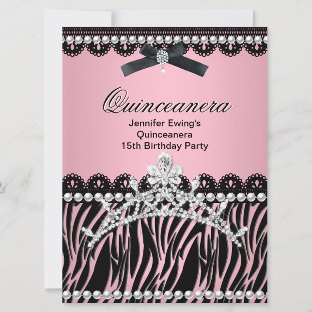 Quinceanera 15:e Svart Rosa Zebra Tiara Inbjudningar (Framsida)