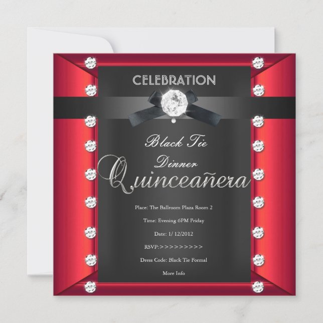 Quinceanera 15:e Svart Strömstass Svart Vit Röd Inbjudningar (Framsida)