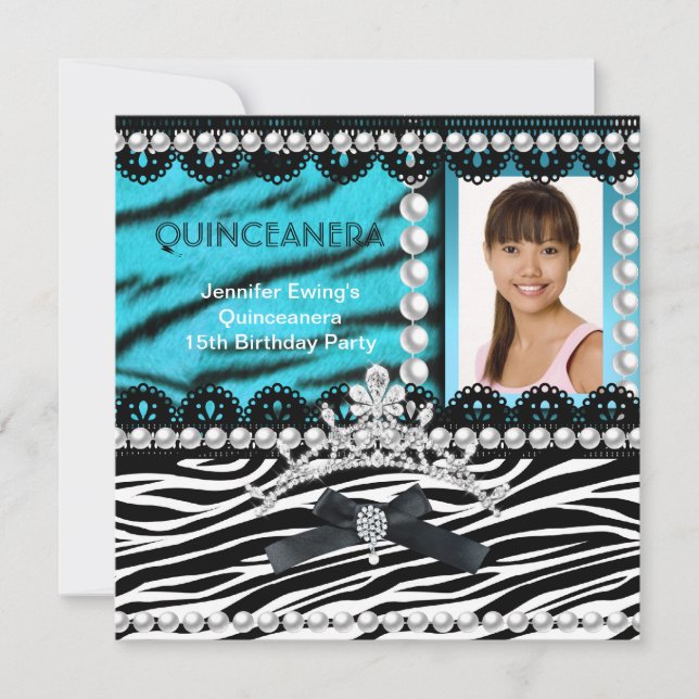 Quinceanera 15:e Teal Black Zebra Pearl Tiara Inbjudningar (Framsida)