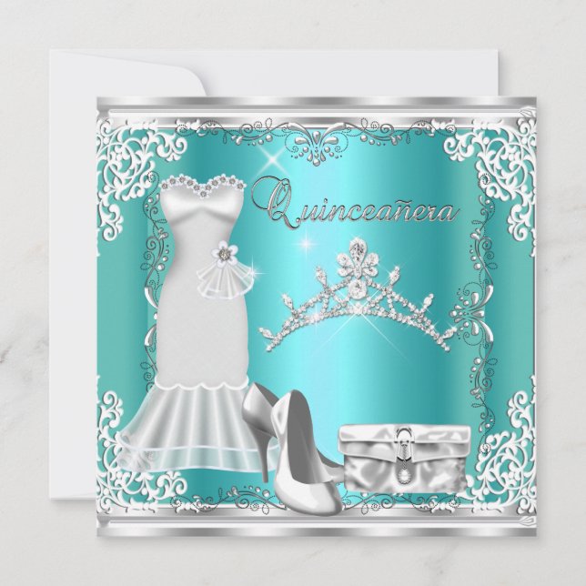 Quinceanera 15:e Teal Blue Silver Diamond Tiara Inbjudningar (Framsida)