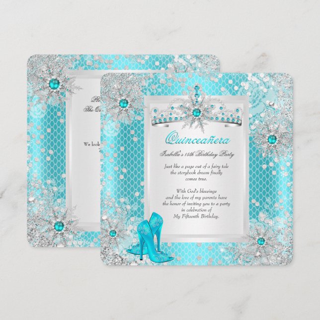 Quinceanera 15:e Teal Blue Winter Wonderland Inbjudningar (Fram/baksida)