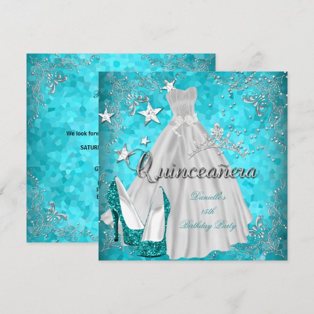 Quinceanera 15:e Teal Shimmer Glitter Inbjudningar (Fram/baksida)