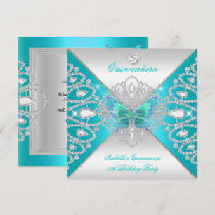 Quinceanera 15:e Teal Silver Fjäril Tiara 2 Inbjudningar