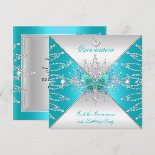 Quinceanera 15:e Teal Silver Fjäril Tiara 3 Inbjudningar (Fram/baksida)