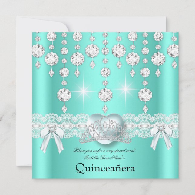 Quinceanera 15:e Teal Silver Hjärta Diamanter Inbjudningar (Framsida)