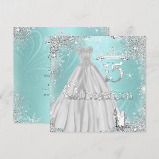 Quinceanera 15:e Teal Silver Snöflingor Party Inbjudningar (Fram/baksida)