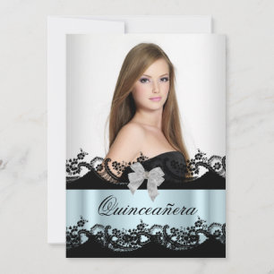 Quinceanera 15:e Teal Svart Vit Spets Foto Inbjudningar