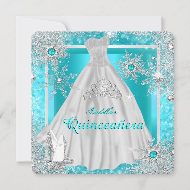 Quinceanera 15:e Teal Winter Wonderland Snöflingor Inbjudningar (Framsida)