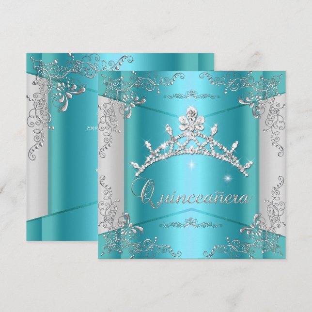 Quinceanera 15:e Tealblå Silver Tiara Inbjudningar (Fram/baksida)