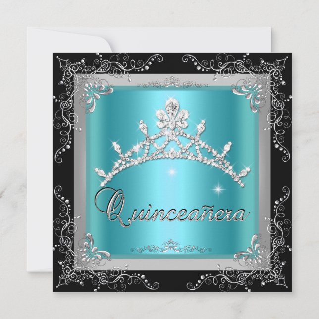 Quinceanera 15:e Tealblå Silver Tiara Svart Inbjudningar (Framsida)