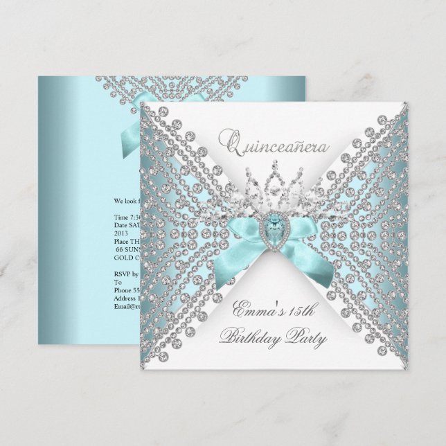 Quinceanera 15:e Tealblå Silver Vit Diamant Inbjudningar (Fram/baksida)