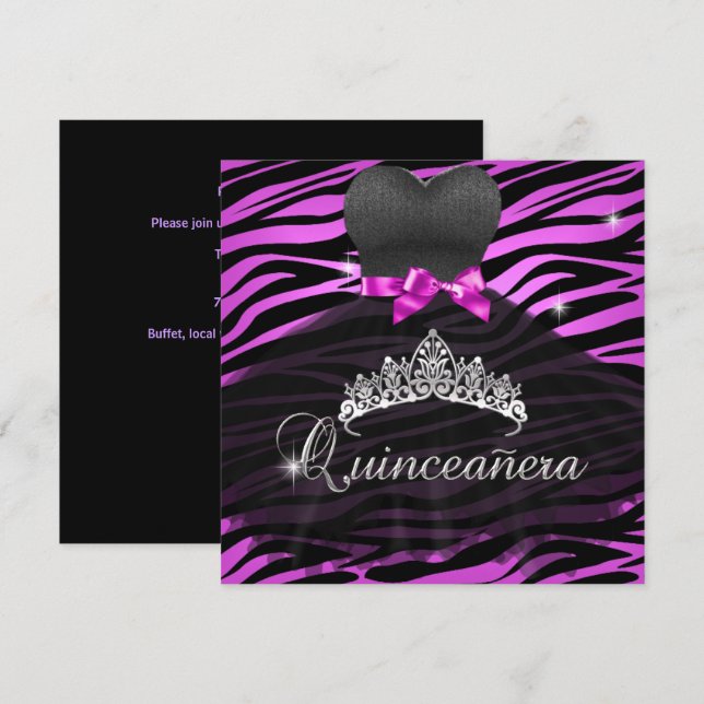 Quinceanera 15:e Tiara Shock rosa Black Zebra Dres Inbjudningar (Fram/baksida)