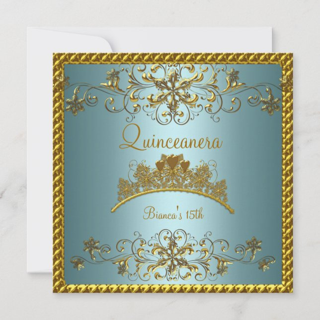 Quinceanera 15:e turkos blå guldtiara inbjudningar (Framsida)