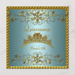 Quinceanera 15:e turkos blå guldtiara inbjudningar