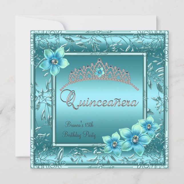 Quinceañera 15:e turkosblå blomma silvertiara inbjudningar (Framsida)