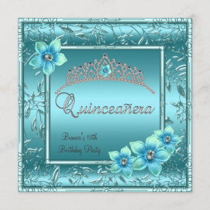 Quinceañera 15:e turkosblå blomma silvertiara inbjudningar