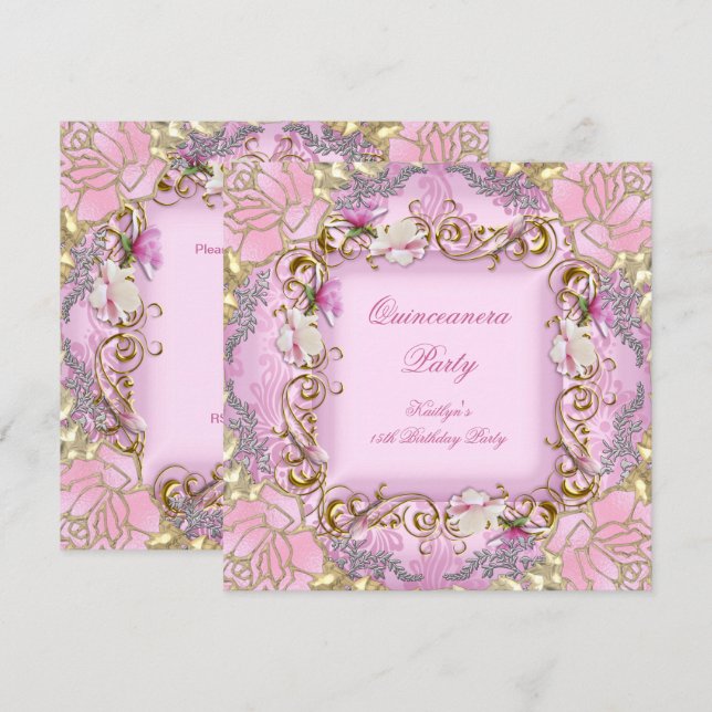 Quinceanera 15:e vacker rosa damast guld blommig inbjudningar (Fram/baksida)