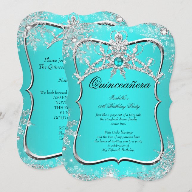 Quinceanera 15:e vintern Wonderland Aqua Pearl Inbjudningar (Fram/baksida)