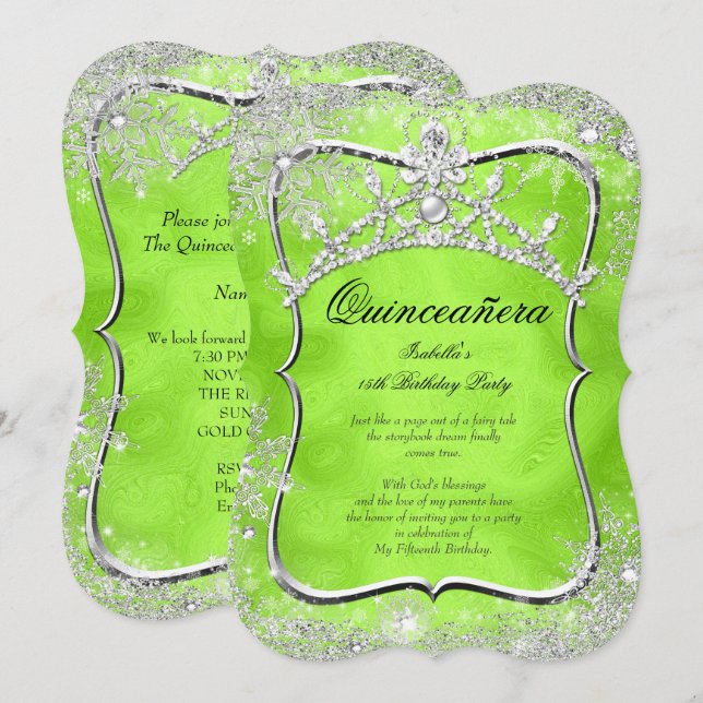 Quinceanera 15:e vintern Wonderland Lime Green Inbjudningar (Fram/baksida)