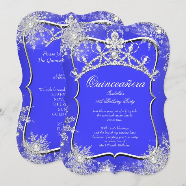 Quinceanera 15:e vintern Wonderland Royal Blue Inbjudningar (Fram/baksida)