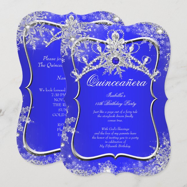 Quinceanera 15:e vintern Wonderland Royal Blue Inbjudningar (Fram/baksida)