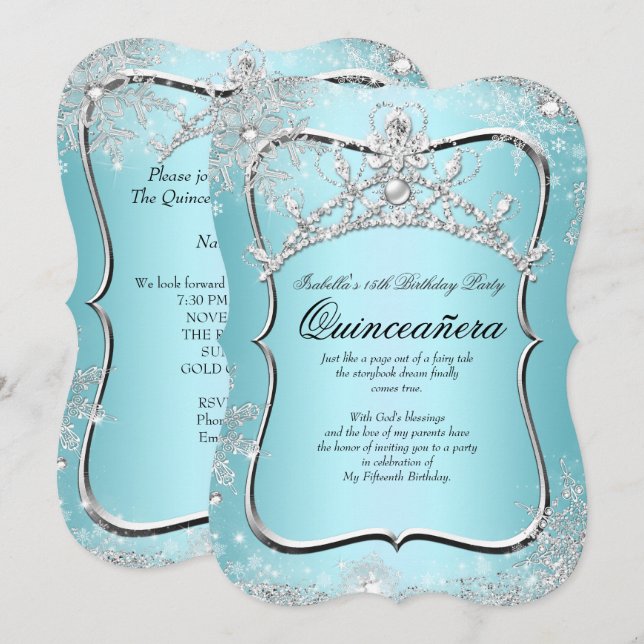 Quinceanera 15:e vintern Wonderland Silver Blue Inbjudningar (Fram/baksida)
