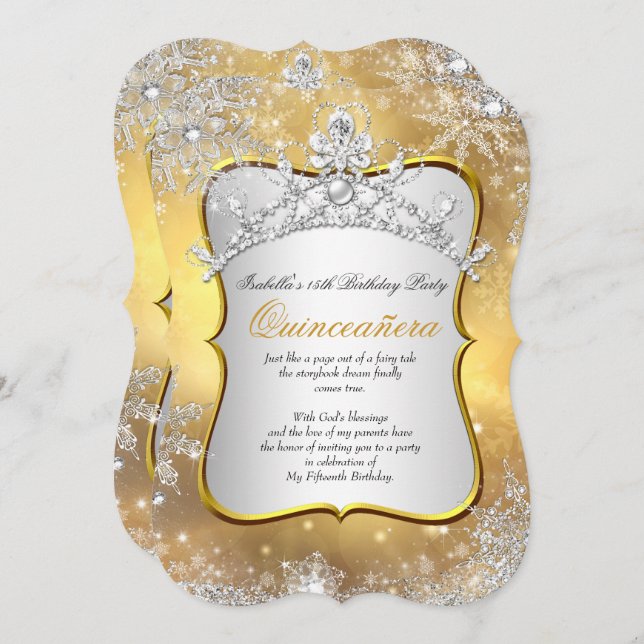 Quinceanera 15:e vintern Wonderland Silver Guld Inbjudningar (Fram/baksida)