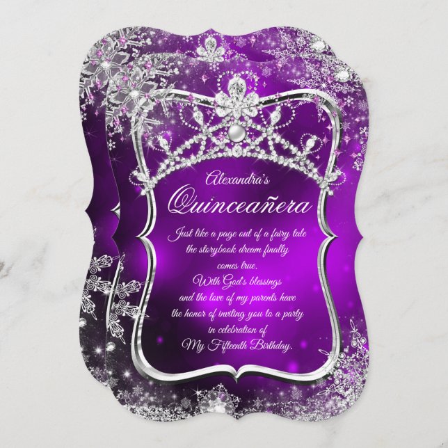 Quinceanera 15:e vintern Wonderland Silver Lila Inbjudningar (Fram/baksida)