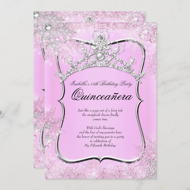 Quinceanera 15:e vintern Wonderland Silver Rosa Inbjudningar (Fram/baksida)