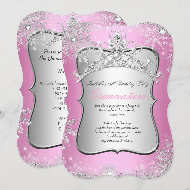 Quinceanera 15:e vintern Wonderland Silver Rosa Inbjudningar (Fram/baksida)