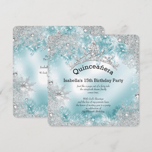 Quinceanera 15:e vintern Wonderland Silver Teal 2 Inbjudningar (Fram/baksida)
