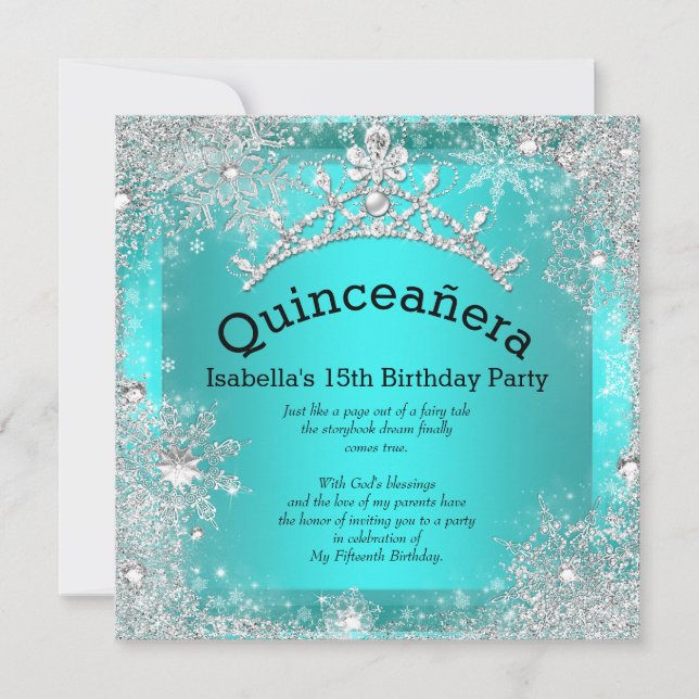Quinceanera 15:e vintern Wonderland Silver Teal 2 Inbjudningar (Framsida)