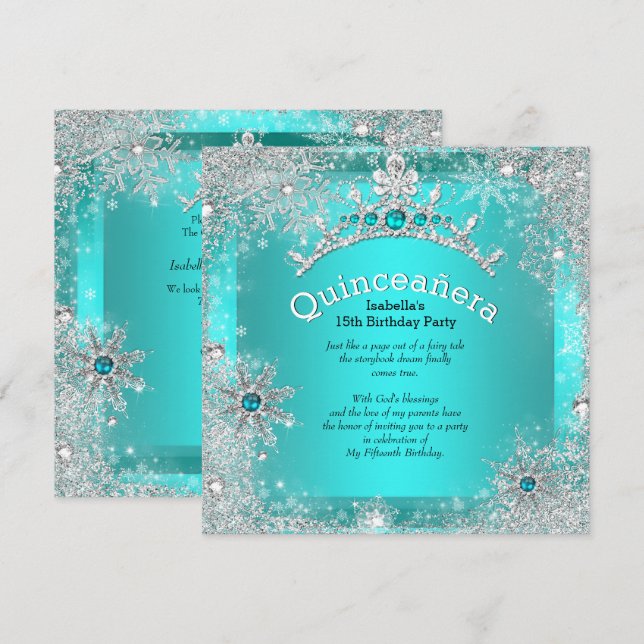 Quinceanera 15:e vintern Wonderland Silver Teal 3 Inbjudningar (Fram/baksida)