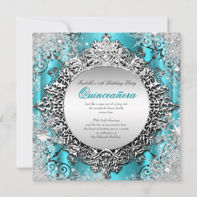 Quinceanera 15:e vintern Wonderland Teal Aqua 2 Inbjudningar (Framsida)