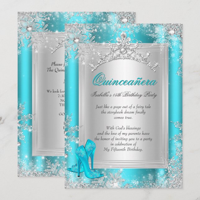 Quinceanera 15:e vintern Wonderland Teal Aqua Inbjudningar (Fram/baksida)