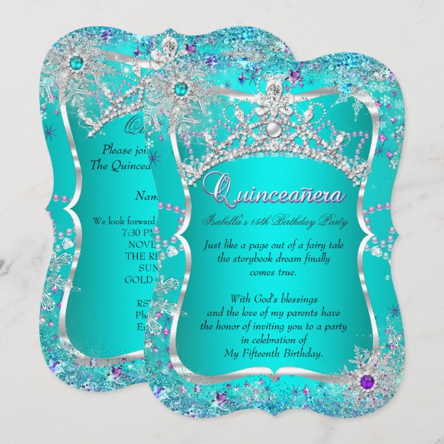 Quinceanera 15:e vintern Wonderland Teal Lila Inbjudningar (Fram/baksida)