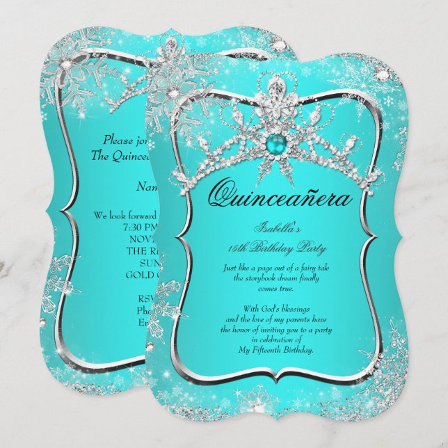 Quinceanera 15:e Vinterundret Aqua Pärla Inbjudningar (Fram/baksida)
