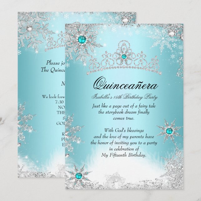 Quinceanera 15:e Vinterundret Silver Blå 2 Inbjudningar (Fram/baksida)