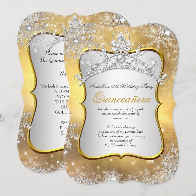 Quinceanera 15:e Vinterundret Silver Guld Inbjudningar (Fram/baksida)