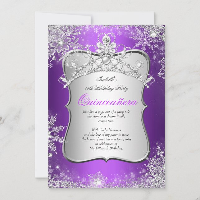 Quinceanera 15:e Vinterundret Silver Lila Inbjudningar (Framsida)