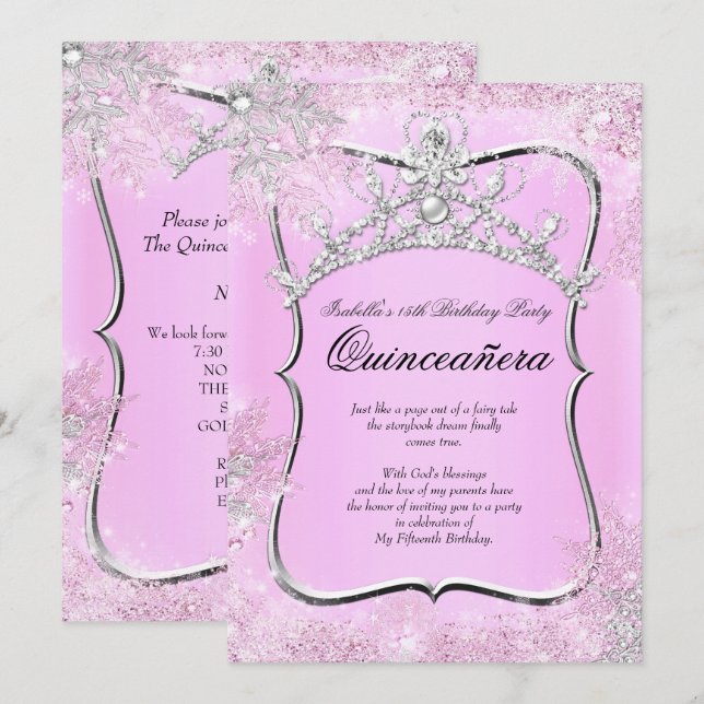 Quinceanera 15:e Vinterundret Silver Rosa Inbjudningar (Fram/baksida)