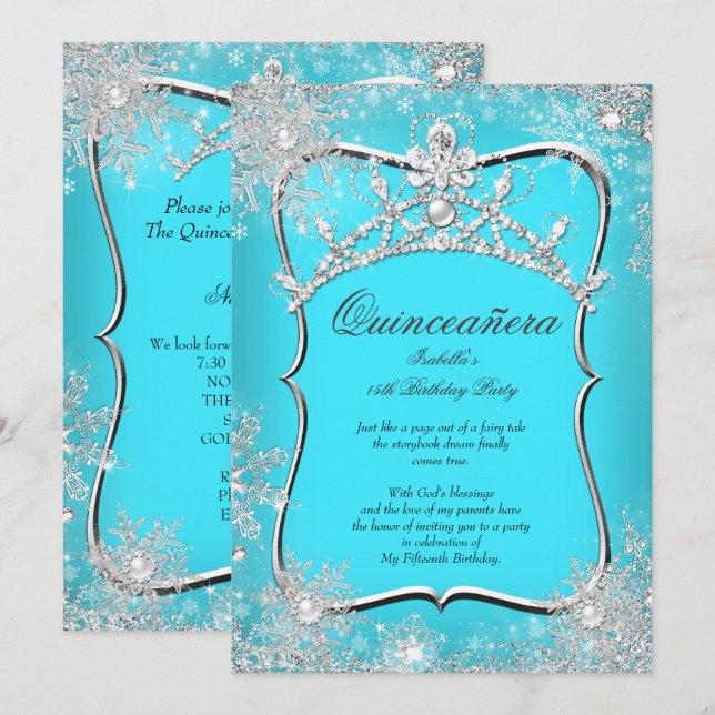 Quinceanera 15:e Vinterundret Silver Teal Inbjudningar (Fram/baksida)