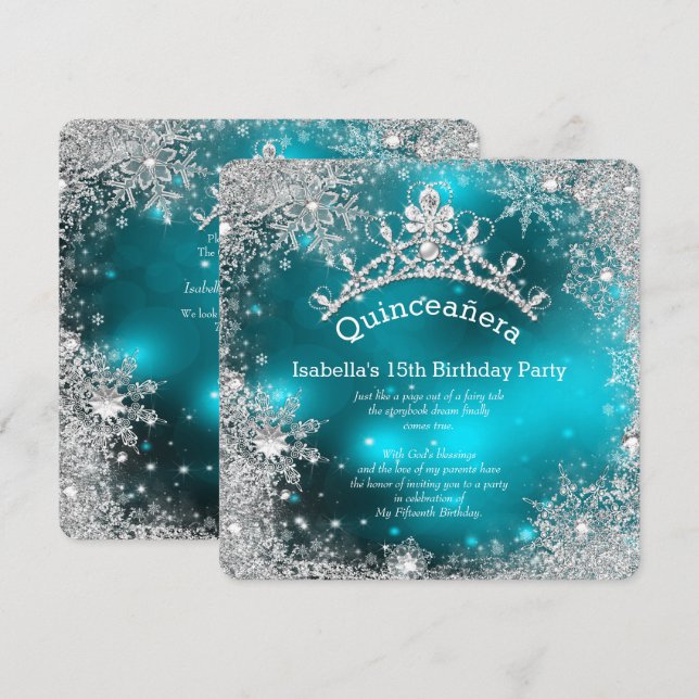 Quinceanera 15:e Vinterundret Silver Teal Inbjudningar (Fram/baksida)