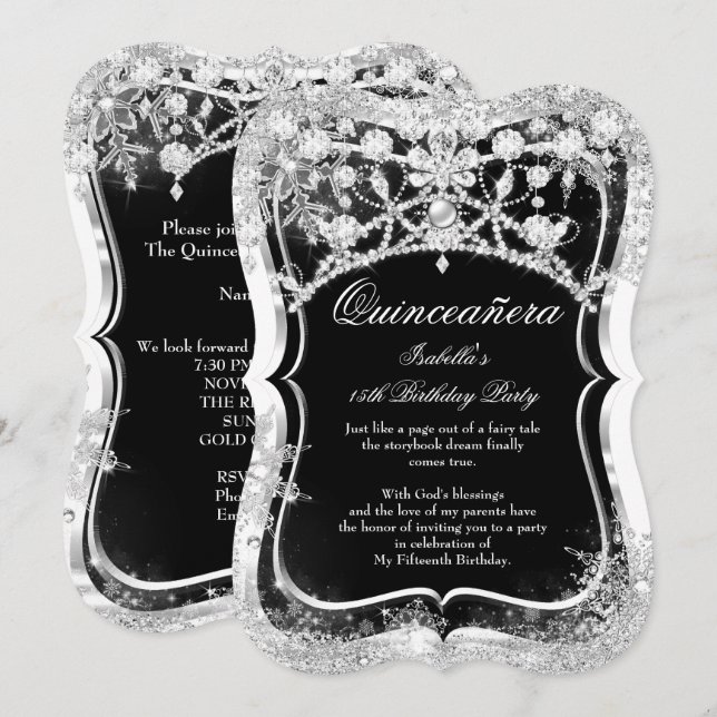 Quinceanera 15:e Vinterundret Svart Silver Inbjudningar (Fram/baksida)