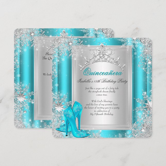 Quinceanera 15:e Vinterundret Teal Aqua Inbjudningar (Fram/baksida)