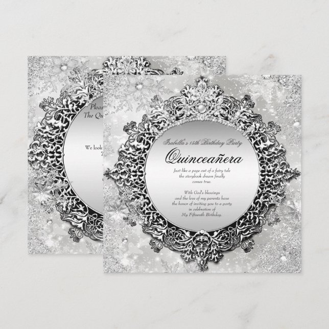 Quinceanera 15:e Vintervonderland Silver Vitt Inbjudningar (Fram/baksida)