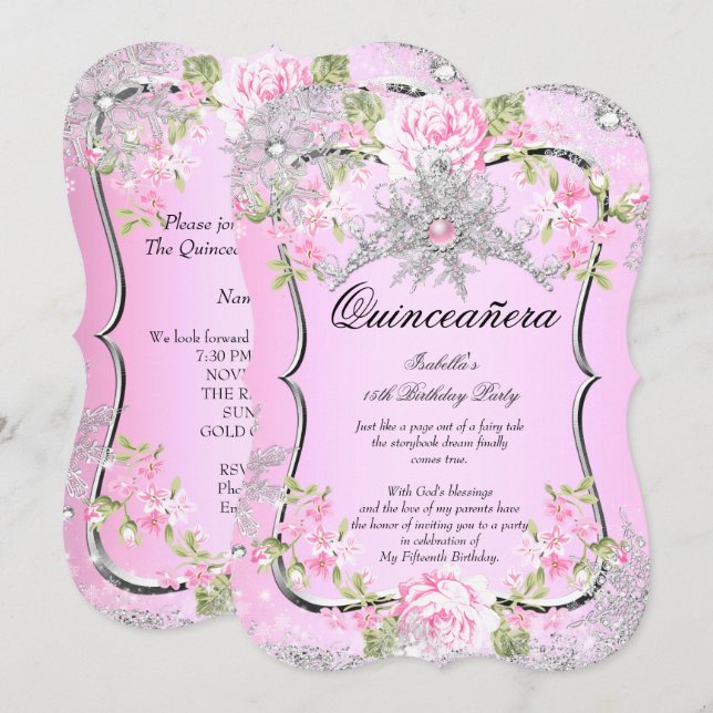 Quinceanera 15:e Vintervonderland Söt Rosa Inbjudningar (Fram/baksida)