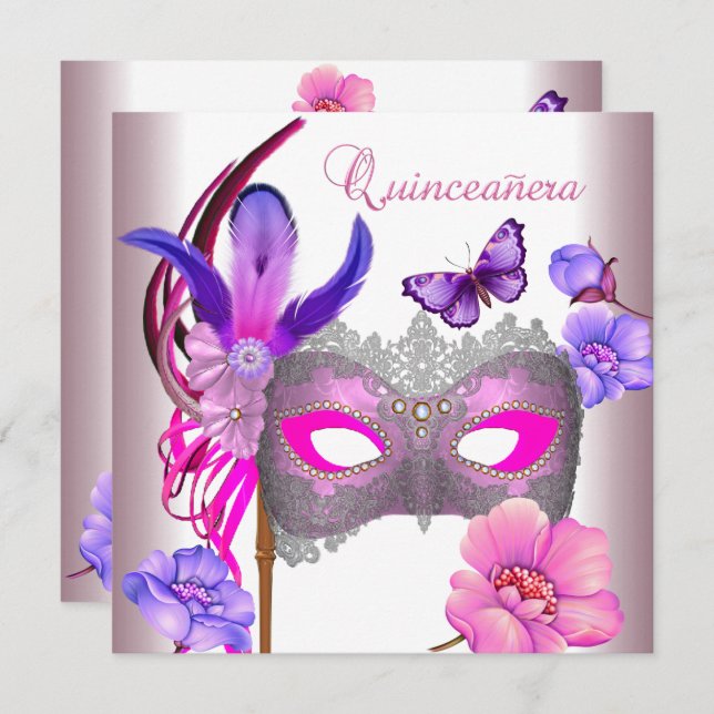 Quinceanera 15:e Vit Rosa Lila Mask Inbjudningar (Fram/baksida)